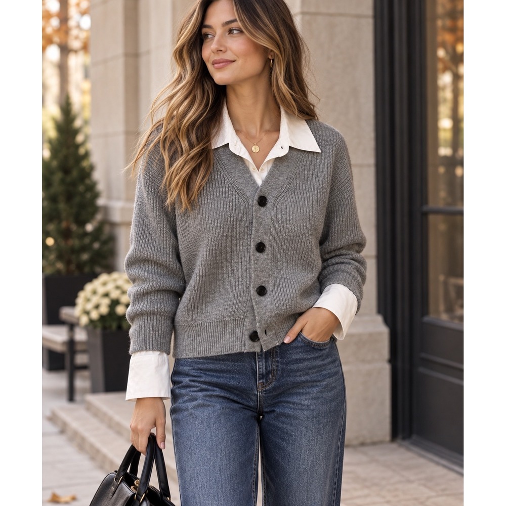 NWT Preppy Wool Layered Shirt Cardigan Grey Minimalist Chic Quiet Luxury Sz M